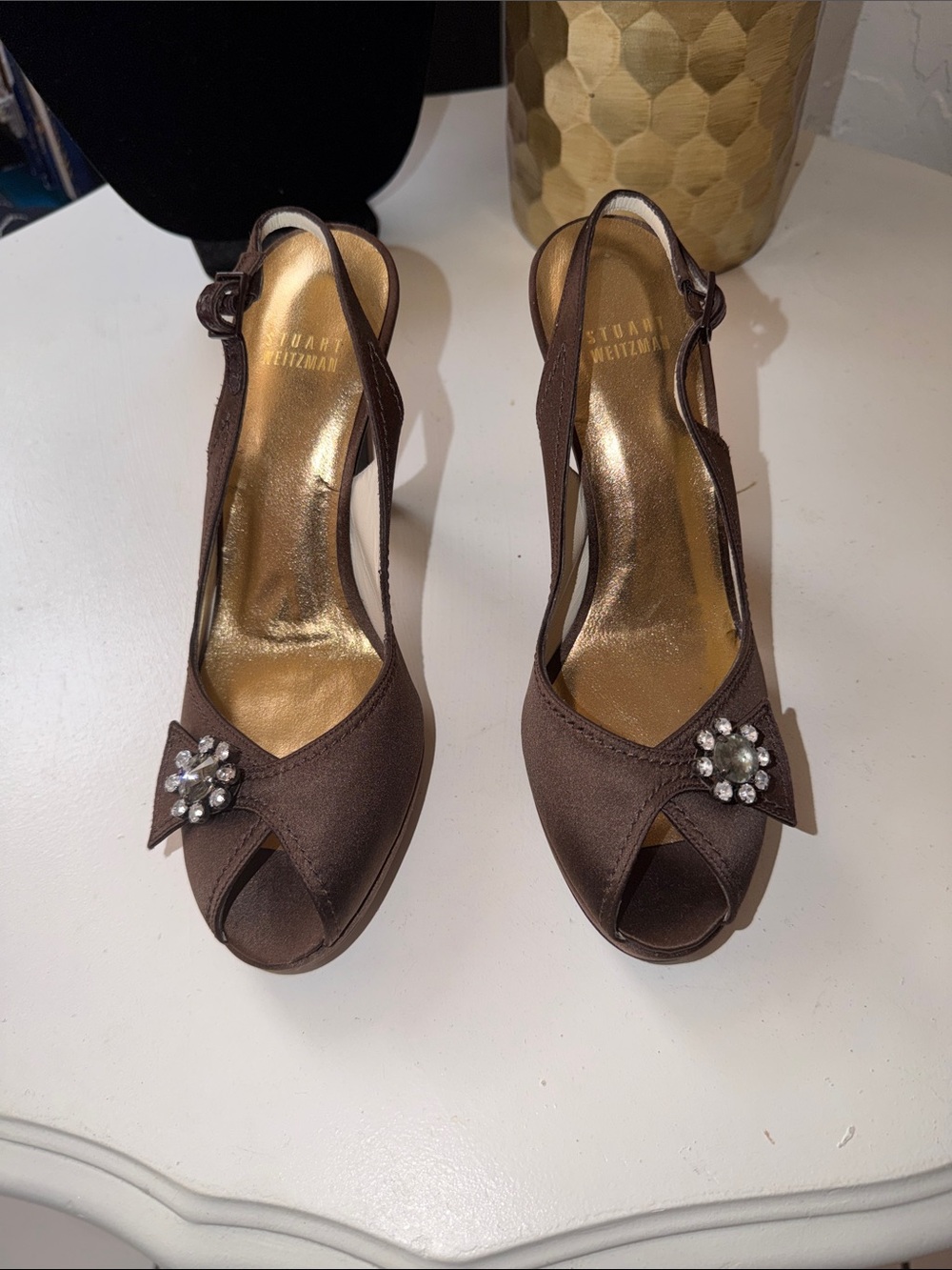 Stuart Weitzman Brown Satin Peep-Toe Slingback Heels with Crystal Cluster